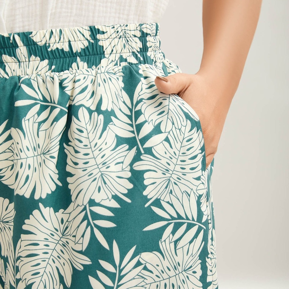 Bloomchic Tropical Leaf Pattern Shirred Wide-Leg … - image 4